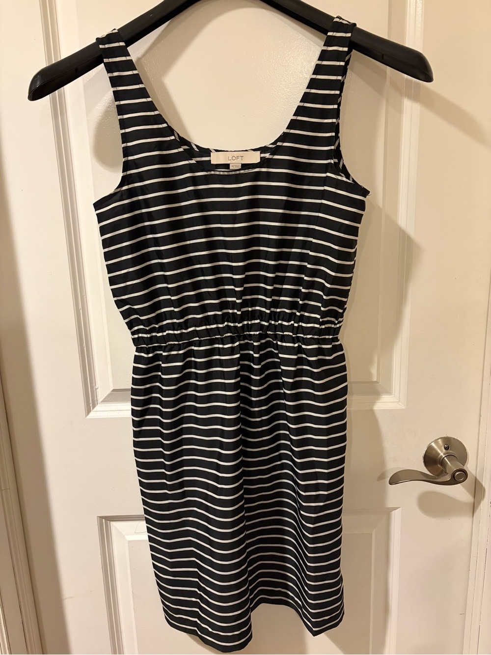 LOFT Navy and White Striped Sleeveless Elastic-Waist Dress